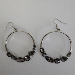 Paparazzi Silver Hoop Earrings with Black Gems